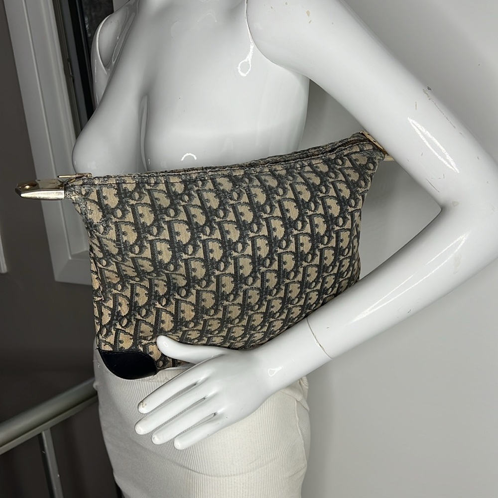 Vintage 1970’s Blue Beige Jacquard Zip Top Shoulder Crossbody Clutch Bag - Picture 10 of 16